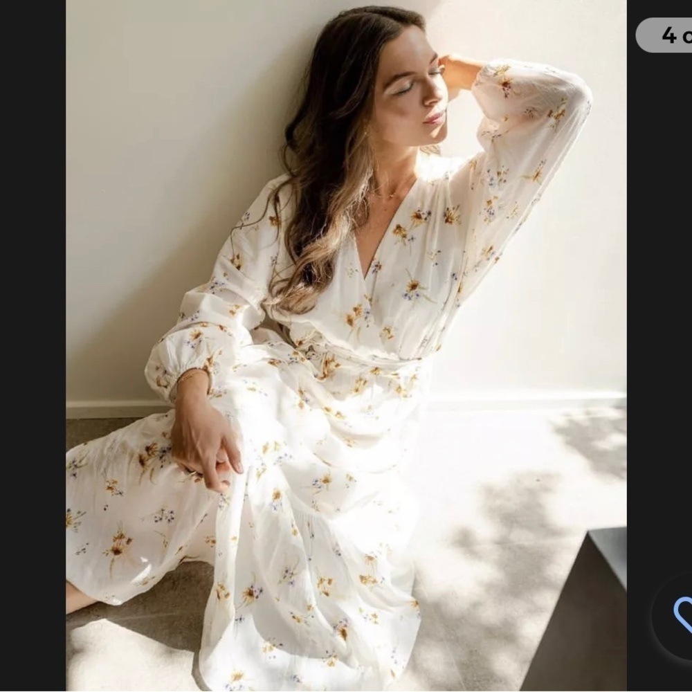 H&M Floral Cotton Midi Dress Medium Cream Wildflower Meadow Wrap Tiered Boho